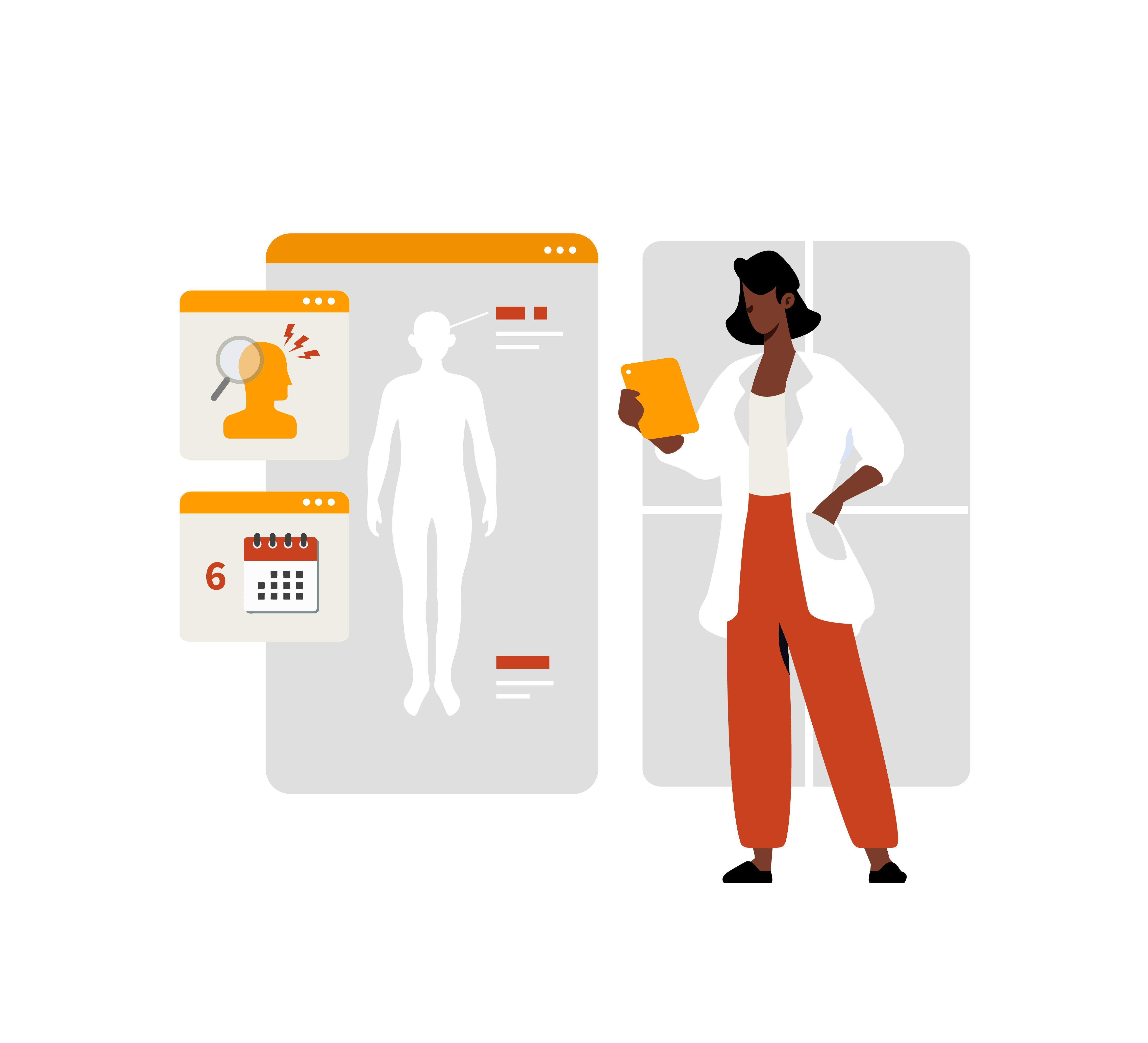 Illustration of an Afircan-American female doctor holding a tablet with icons representing chronic migraine in teens.